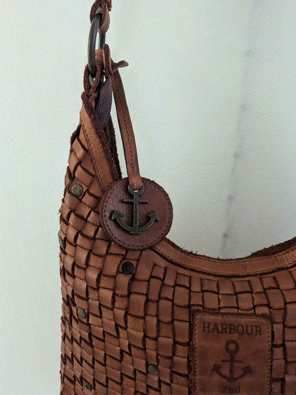Anchor-Accent Woven Hobo Bag in Brown